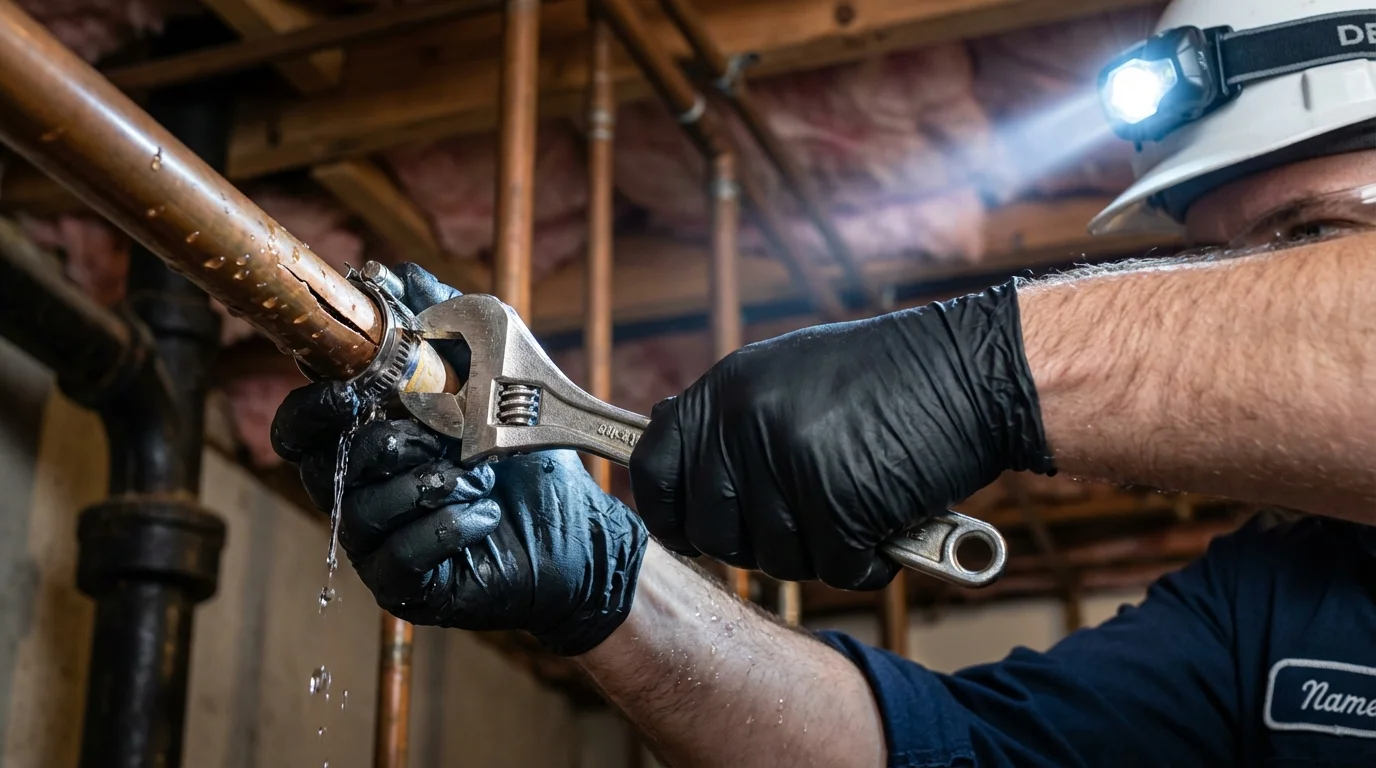 Emergency pipe clamp repair being performed by a Johns Plumbing LLC plumber in Lake Stevens