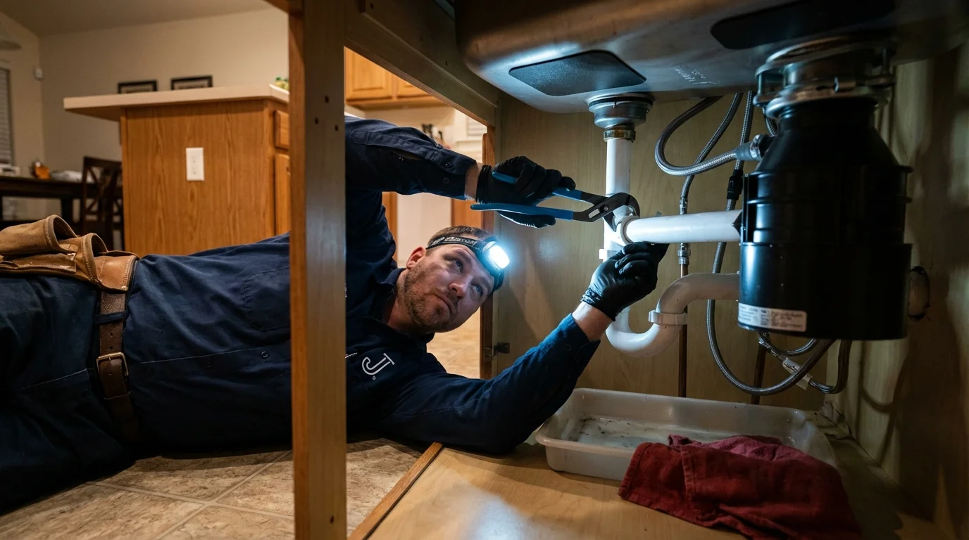 P-trap and supply line connections under a kitchen sink showing a common leak point in Lake Stevens, WA